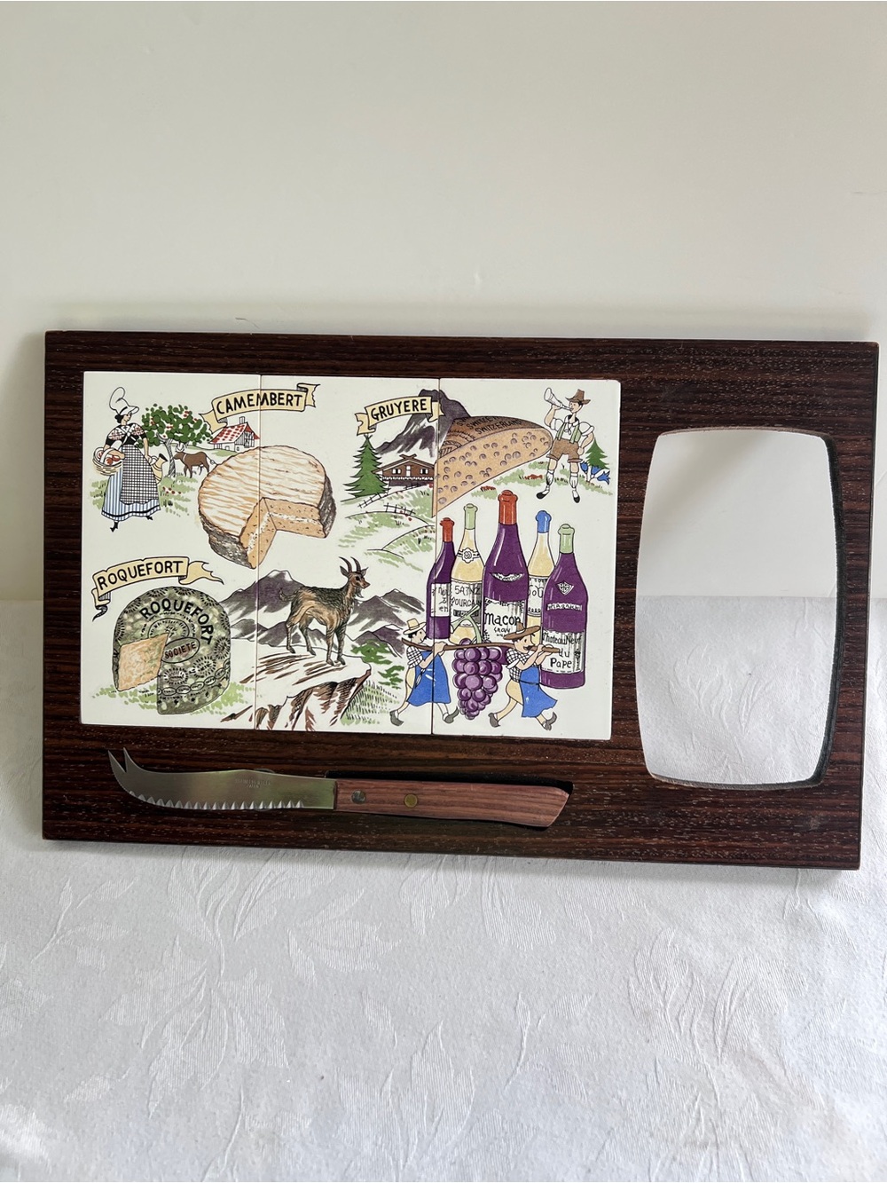 Vintage 1970s Ceramic Tile Cheese Board with Knife